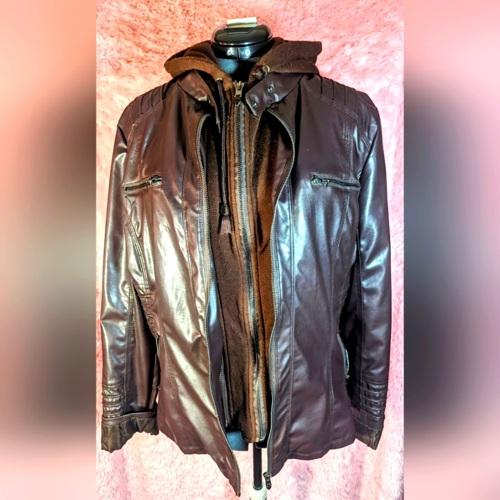 Fake Leather brown motorsport jacket with hoodie lining